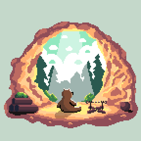 Bear Cave's home screen by day: the bear sits with its back to us at the mouth of its cave, snowy mountains and pines outside.