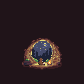 Bear Cave's home screen at night: the bear sits by a campfire at the mouth of its cave, under the stars beyond the pines.