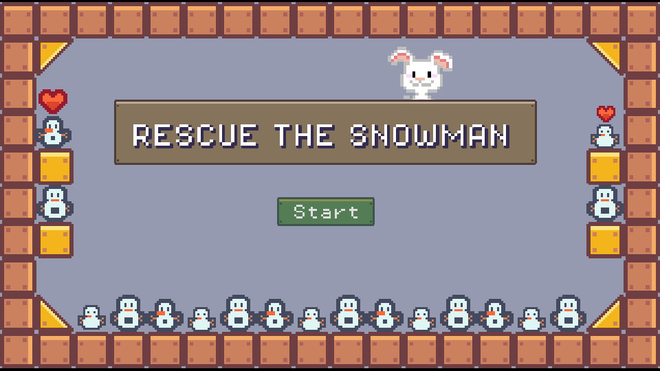 Rescue the Snowman cover: the title on a wooden sign inside a brick frame, a little rabbit above it and a row of small snowmen along the bottom